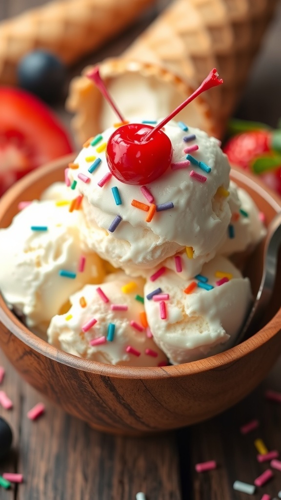 A bowl of vanilla ice cream with sprinkles and a cherry, served with a scoop and fruits.